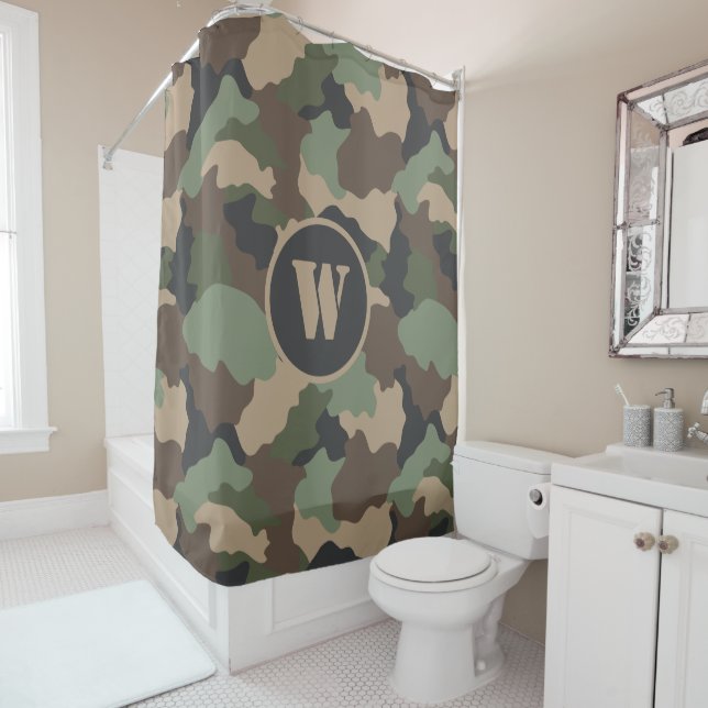 Camouflage Woodland Camo Khaki Tan Black Monogram Shower Curtain (In Situ)
