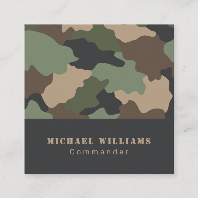 Camouflage Woodland Camo Khaki Tan Black Monogram Square Business Card (Front)