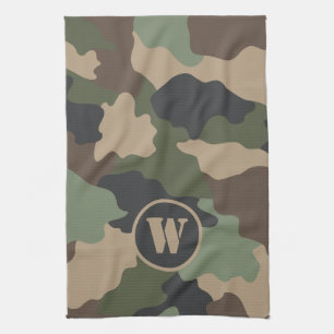 Camouflage Woodland Camo Khaki Tan Black Monogram Tea Towel