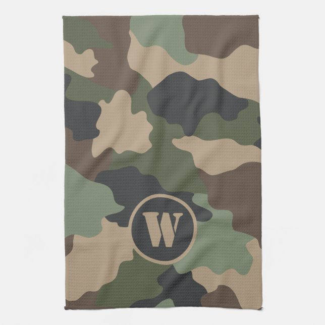 Camouflage Woodland Camo Khaki Tan Black Monogram Tea Towel (Vertical)