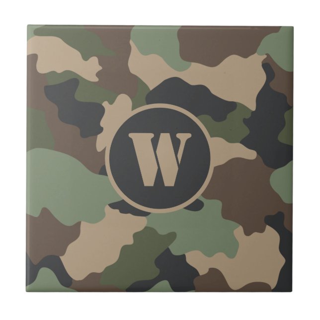 Camouflage Woodland Camo Khaki Tan Black Monogram Tile (Front)