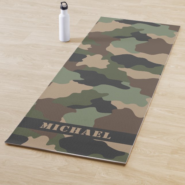 Camouflage Woodland Camo Khaki Tan Black Monogram Yoga Mat (In Situ)