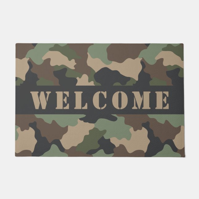 Camouflage Woodland Camo Khaki Tan Black Welcome Doormat (Front)