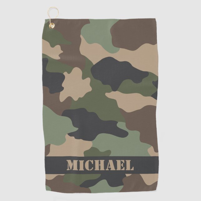 Camouflage Woodland Camo Military Khaki Monogram Golf Towel (Front)