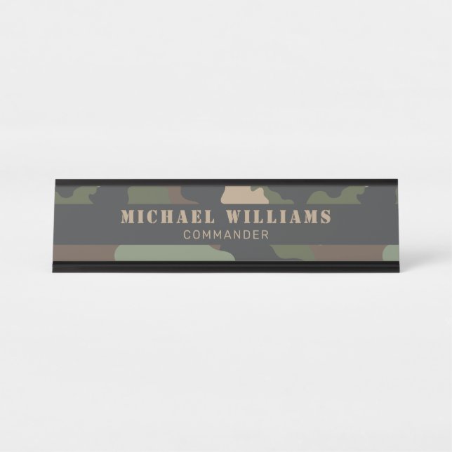 Camouflage Woodland Camo Military Khaki Tan Black Desk Name Plate (Front)