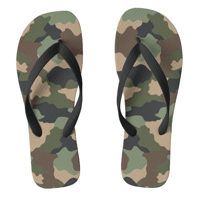 Camouflage Woodland Camo Military Khaki Tan Black Flip Flops (Footbed)