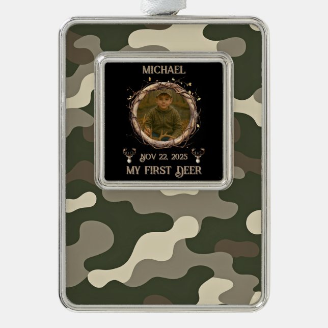 Camouflage Woodland First Deer Photo Frame  Silver Plated Framed Ornament (Front)