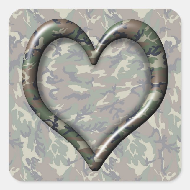 Camouflage Woodland Forest Heart on Camo Square Sticker (Front)