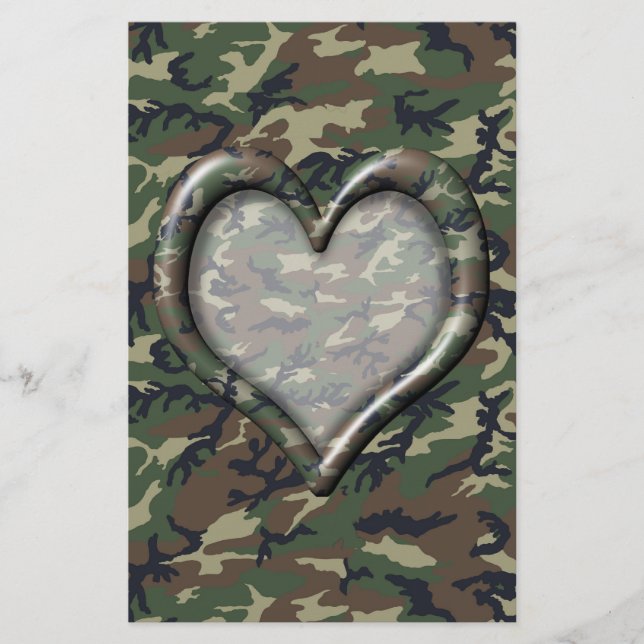 Camouflage Woodland Forest Heart on Camo Stationery (Front)