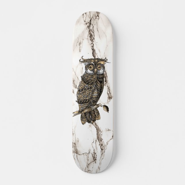 Camouflaged Owl on Brown Marble Skateboard (Front)