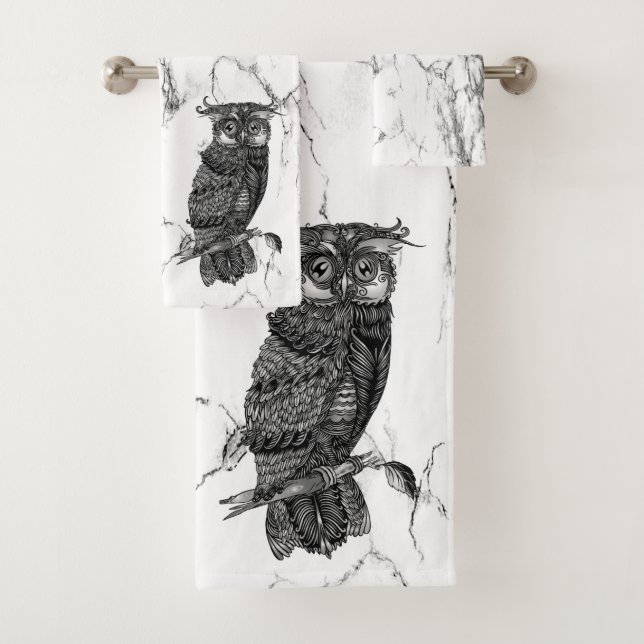 Camouflaged Owl on Marble Bath Towel Set (Insitu)