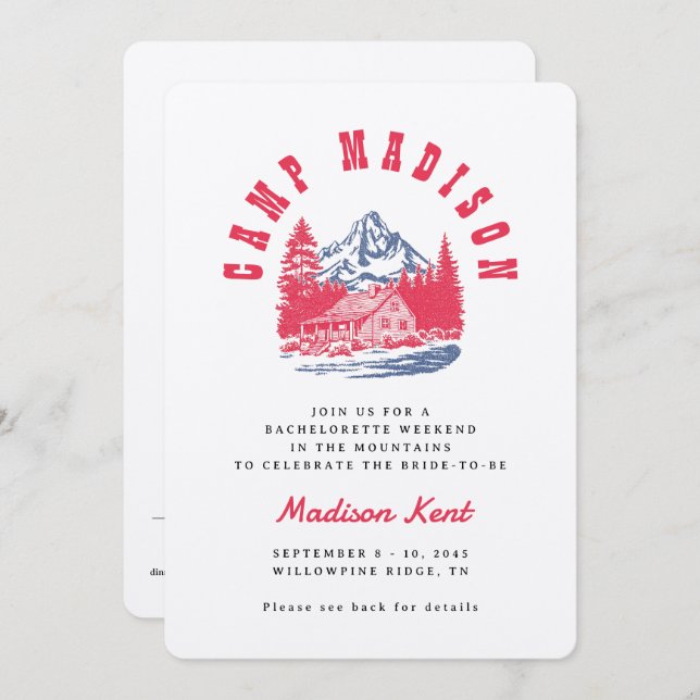 Camp Bachelorette Bold Retro Mountain Wedding Invitation (Front/Back)