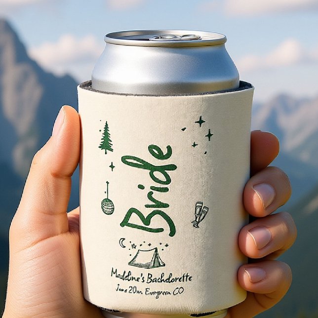 Camp Bachelorette Bride Hand Drawn Written Green Seltzer Can Cooler (camp bachelorette can cooler personalized bride camping hand drawn written girls trip bach)