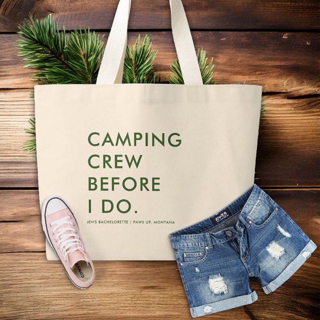 Camp Bachelorette Camping Crew Bridesmaids Gift Large Tote Bag (camp bachelorette party forest green bridesmaid gift tote bag)