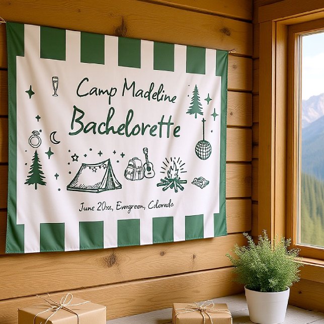 Camp Bachelorette Camping Hand Drawn Green Welcome Tapestry (camp bachelorette banner camping hand drawn written green forest moss girls trip bach stripes)
