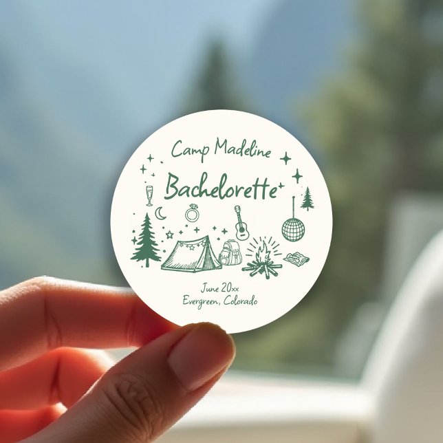 Camp Bachelorette Camping Hand Drawn Writing Green Classic Round Sticker (camp bachelorette sticker camping hand drawn written girls trip bach green glamping)