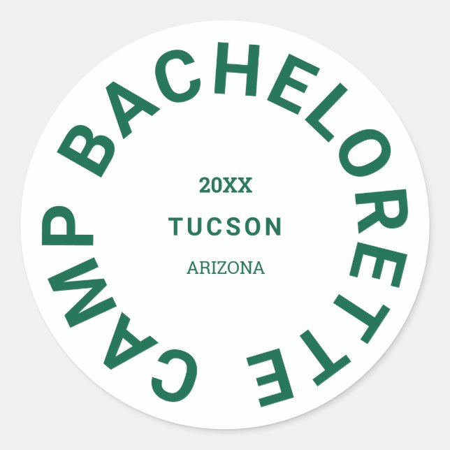 Camp Bachelorette Forest Green Personalised Classic Round Sticker (Front)