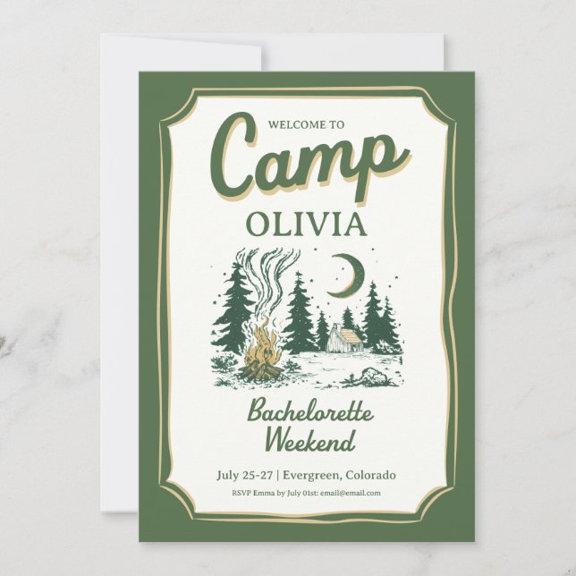 Camp Bachelorette Green Glamping Itinerary  Invitation (Front)