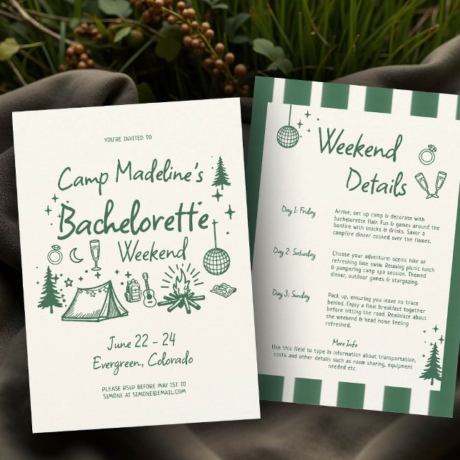 Camp Bachelorette Green Stripes Camping Itinerary Invitation (camp bachelorette invitation itinerary camping hiking mountains bach glamping green hand drawn)