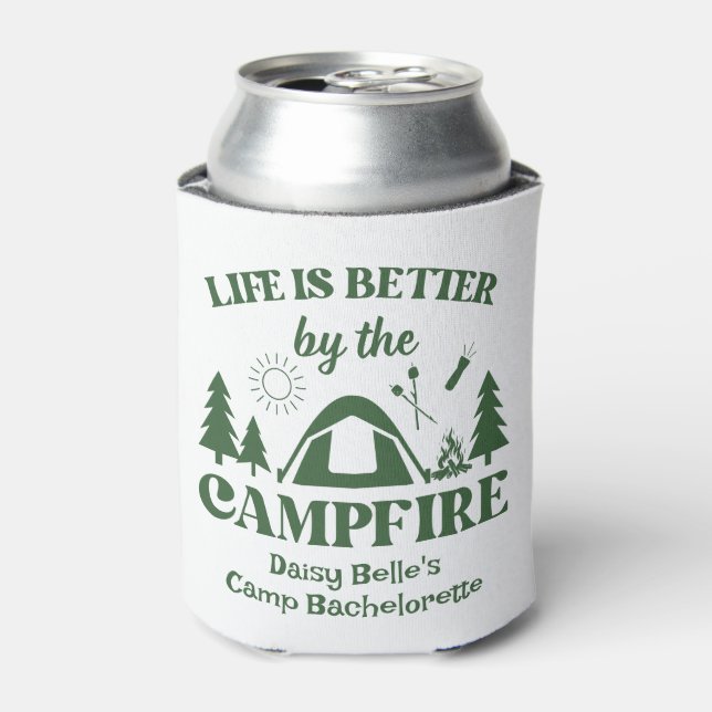 Camp Bachelorette Green T-Shirt Can Cooler (Can Front)