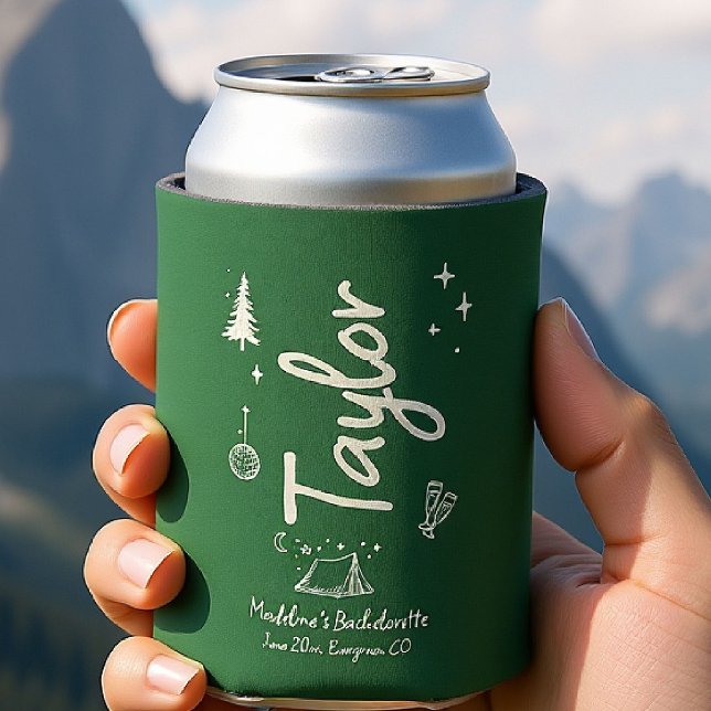 Camp Bachelorette Hand Drawn Written Green Custom Can Cooler (camp bachelorette can cooler personalized bridesmaid crew gift camping hand drawn written girls trip)