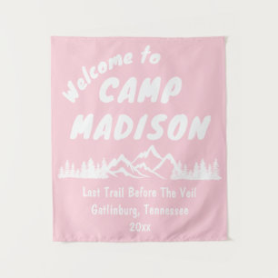 Camp Bachelorette Mountain Camping Party Pink Sign Tapestry