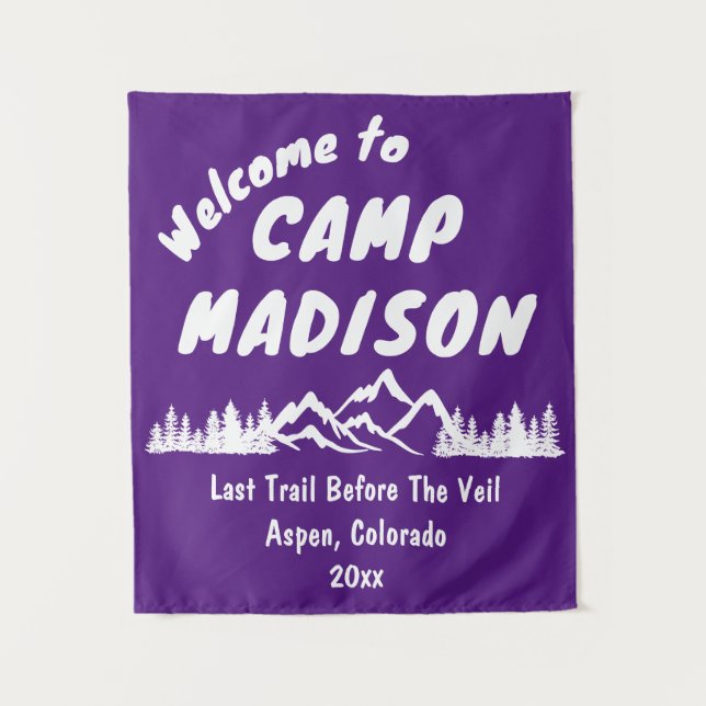Camp Bachelorette Mountain Camping Party Purple Tapestry (Front)