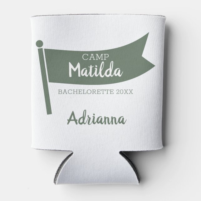 Camp Bachelorette Mountain Green Flag Camping Can Cooler (Front)