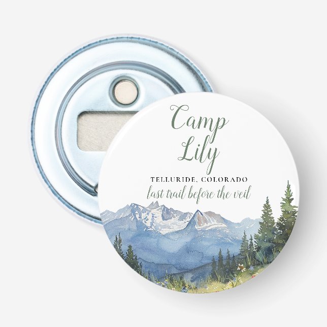 Camp Bachelorette Mountain Hiking Weekend Party Bottle Opener (Front)