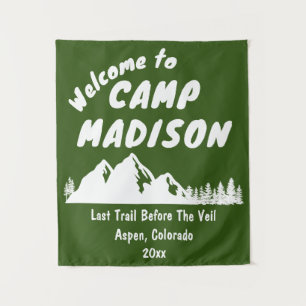 Camp Bachelorette Mountain Party Camping Prop Sign Tapestry