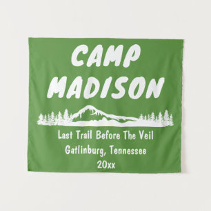 Camp Bachelorette Mountain Trip Camping Prop Sign Tapestry