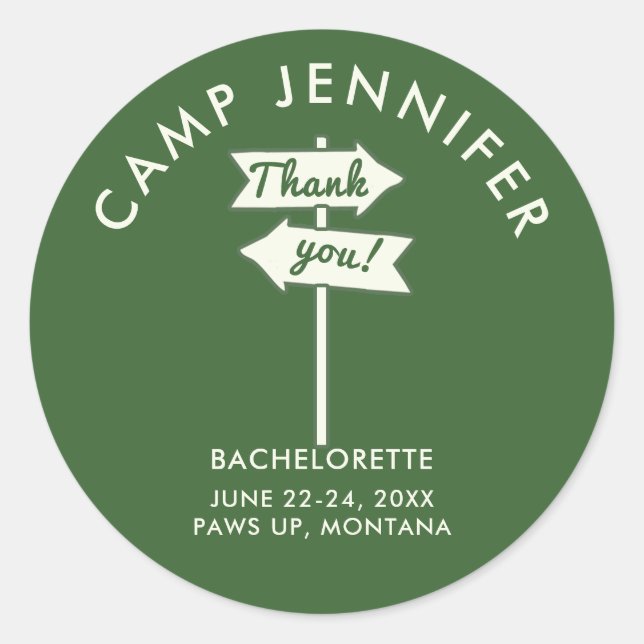 Camp Bachelorette Party Forest Green Thank You Classic Round Sticker (Front)