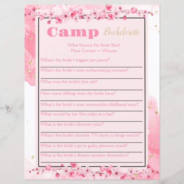 Camp Bachelorette Party Game (Front)