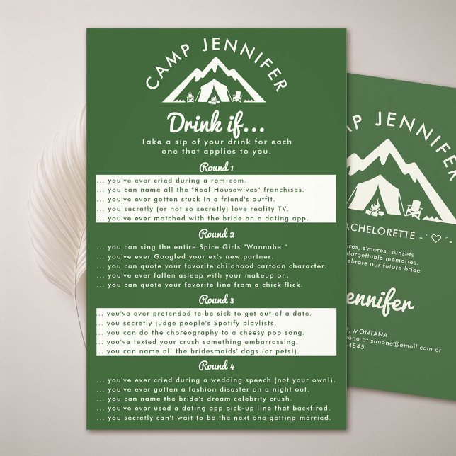 Camp Bachelorette Party Game Drink If Forest Green Flyer (camp bachelorette party forest green game drink if)