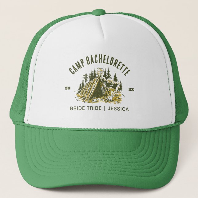 Camp Bachelorette Party Girls Camping Trip Custom Trucker Hat (Front)