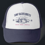 Camp Bachelorette Party Girls Trip Custom Camping Trucker Hat<br><div class="desc">Experience Adventure with Camp Bachelorette Party Custom Gifts! Gear up for an unforgettable bachelorette party that blends outdoor excitement with personalised style. This custom merchandise is the perfect addition to your camp-themed celebration, adding a touch of elegance and individuality to your bach trip. Elevate your camping experience with this custom...</div>