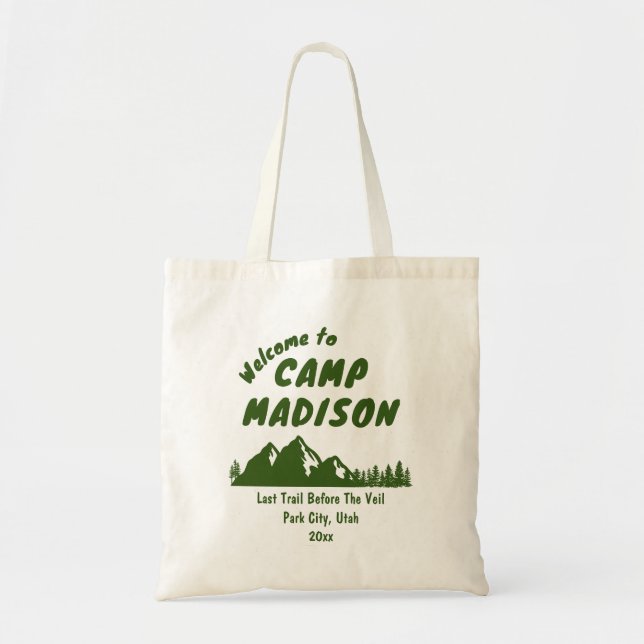 Camp Bachelorette Party Mountain Bach Camping Hike Tote Bag (Front)