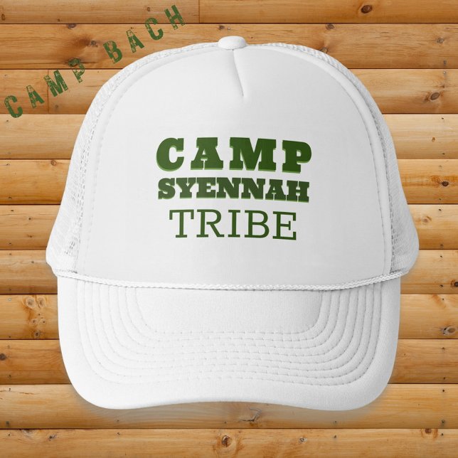 Camp Bachelorette Personalised Green Trucker Hat (Bold retro type in classic camp green. Add your custom text.)