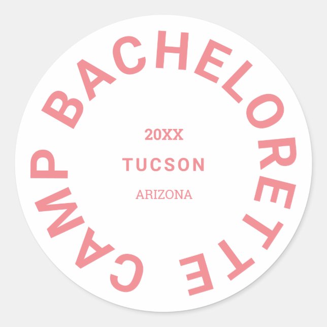 Camp Bachelorette Pink Crest Personalised Classic Round Sticker (Front)