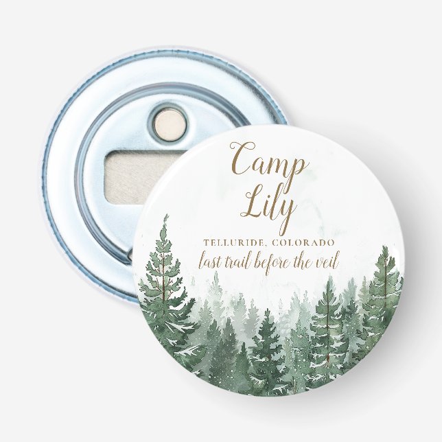 Camp Bachelorette Woodland Forest Weekend Party Bottle Opener (Front)