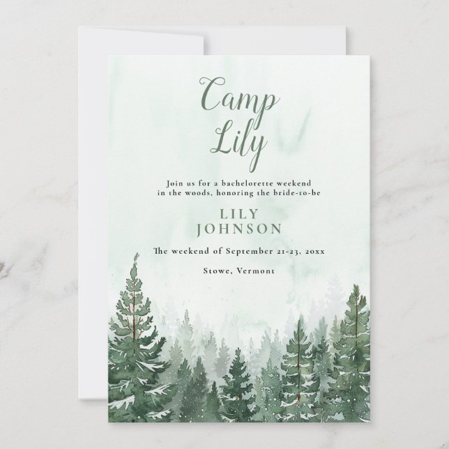 Camp Bachelorette Woodland Forest Weekend Party Invitation (Front)