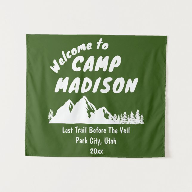 Camp Bridal Shower Mountain Bach Camping Prop Sign Tapestry (Front (Horizontal))