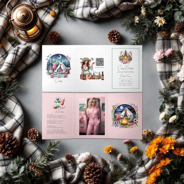 Camp Bride Bachelorette Weekend Photo and QR Code Tri-Fold Invitation (Camp Bride Bachelorette Weekend Photo and QR Code Tri-Fold Invitation)