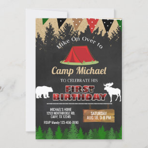 Camp, camping boy 1st first birthday invitation. invitation