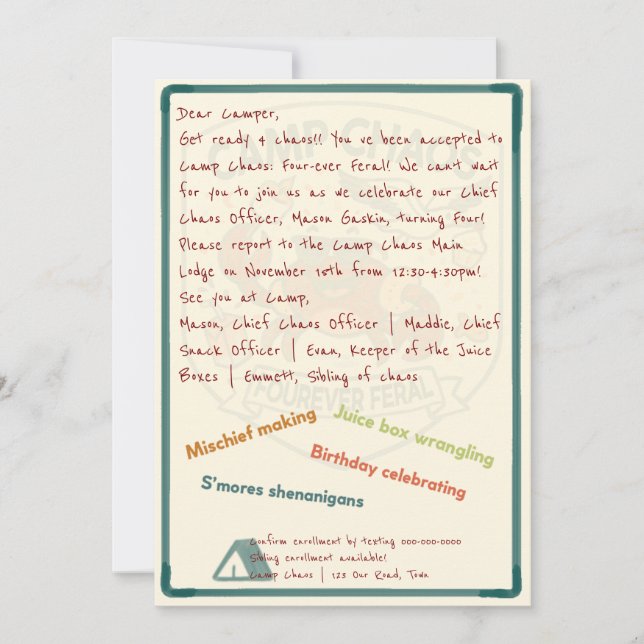 Camp Chaos: Forever Feral 4th Birthday Invitation (Front)