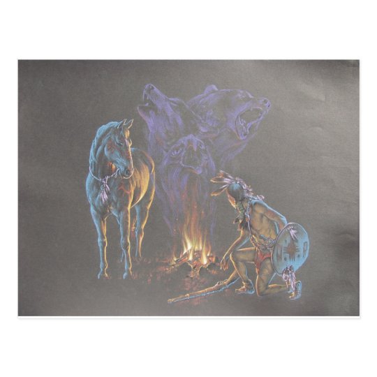 Camp Fire Native American Indian Warrior Postcard