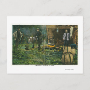 Camp Ground Scene of Men Camping in Maine Postcard