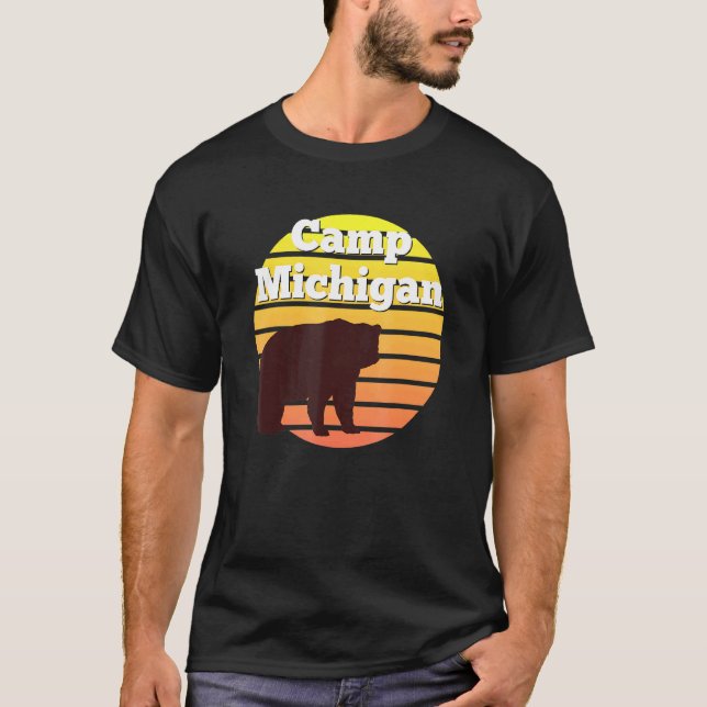 Camp Michigan Hiking Biking Camping Bear Retro Sun T-Shirt (Front)