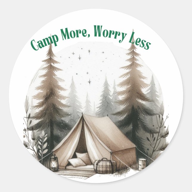 Camp More, Worry Less – Tent Art in the Woods Classic Round Sticker (Front)