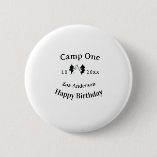 Camp one happy birthday name date campingadventure 6 cm round badge